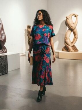 Vibrant Teal Midi Dress with Pink Floral Print